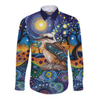 Australian Kookaburra Indigenous Long Sleeve Button Shirt Aboriginal Dot Painting