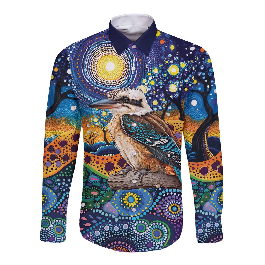Australian Kookaburra Indigenous Long Sleeve Button Shirt Aboriginal Dot Painting