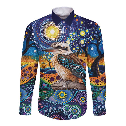 Australian Kookaburra Indigenous Long Sleeve Button Shirt Aboriginal Dot Painting