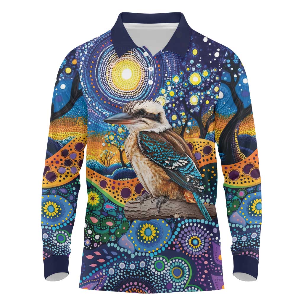 Australian Kookaburra Indigenous Long Sleeve Polo Shirt Aboriginal Dot Painting