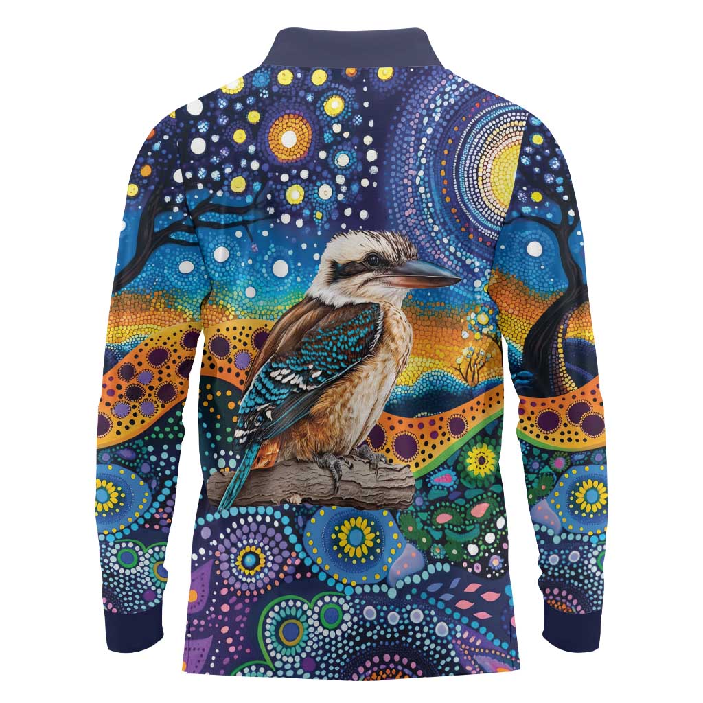 Australian Kookaburra Indigenous Long Sleeve Polo Shirt Aboriginal Dot Painting