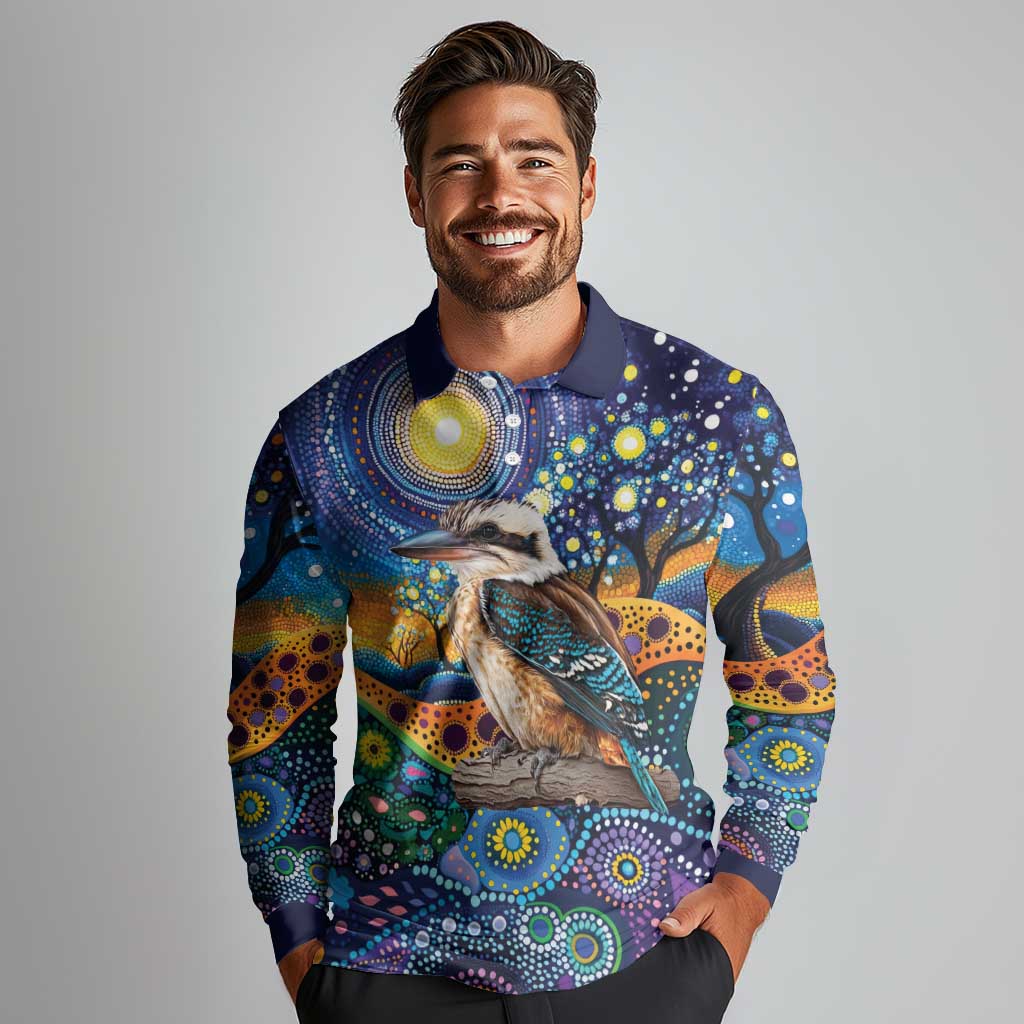 Australian Kookaburra Indigenous Long Sleeve Polo Shirt Aboriginal Dot Painting