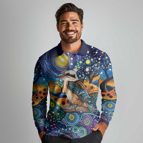 Australian Kookaburra Indigenous Long Sleeve Polo Shirt Aboriginal Dot Painting