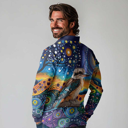 Australian Kookaburra Indigenous Long Sleeve Polo Shirt Aboriginal Dot Painting