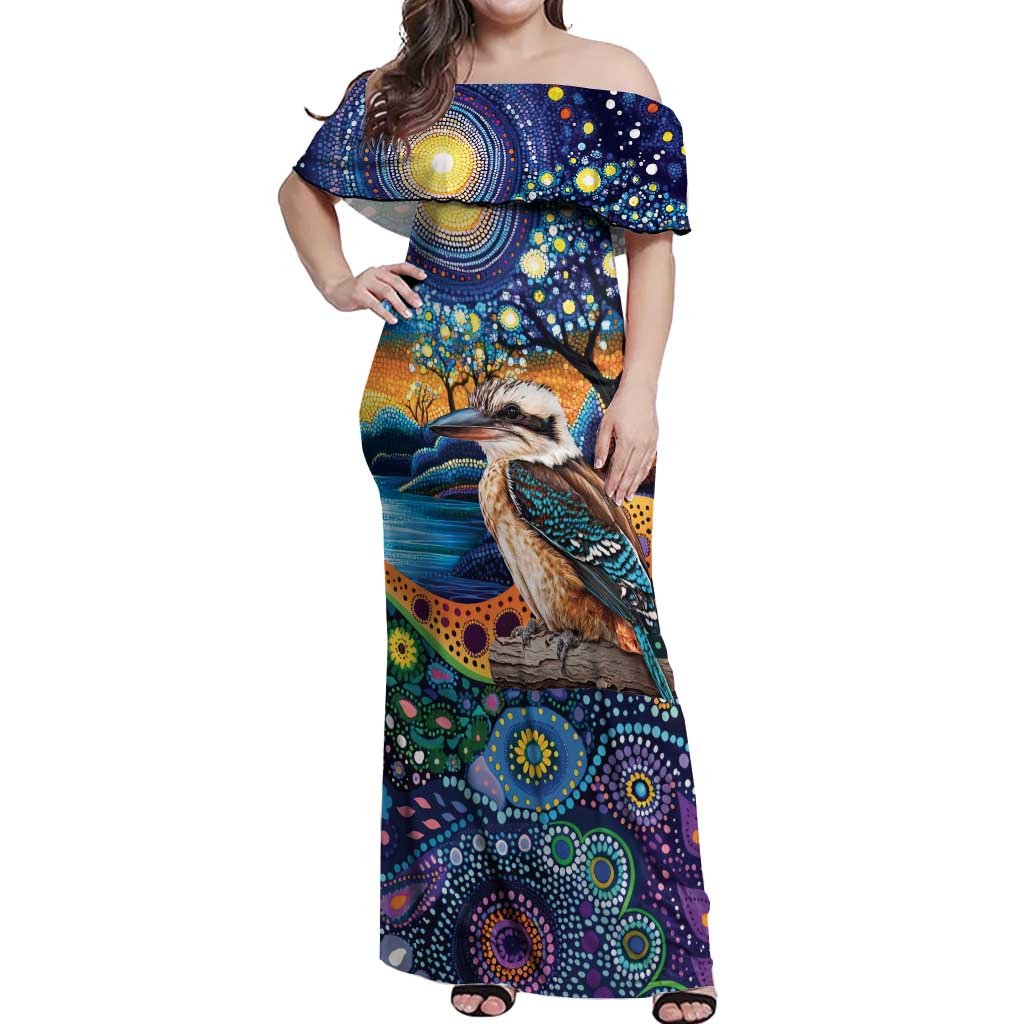 Australian Kookaburra Indigenous Off Shoulder Maxi Dress Aboriginal Dot Painting