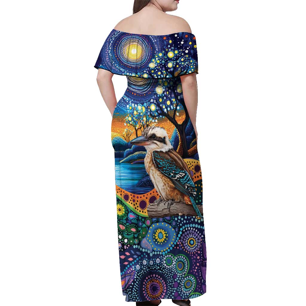 Australian Kookaburra Indigenous Off Shoulder Maxi Dress Aboriginal Dot Painting