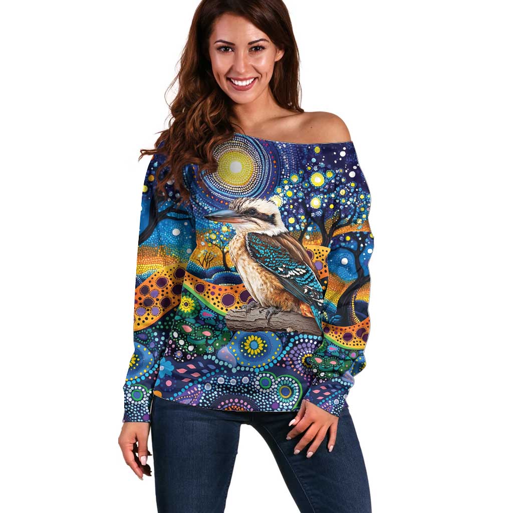 Australian Kookaburra Indigenous Off Shoulder Sweater Aboriginal Dot Painting