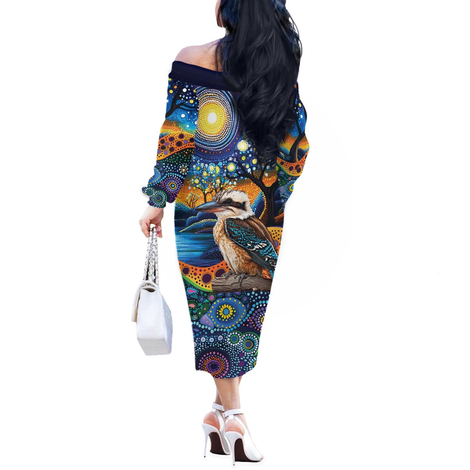 Australian Kookaburra Indigenous Off The Shoulder Long Sleeve Dress Aboriginal Dot Painting