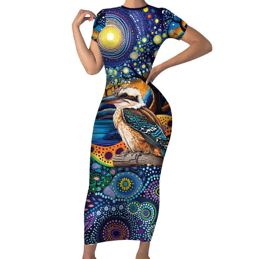 Australian Kookaburra Indigenous Short Sleeve Bodycon Dress Aboriginal Dot Painting