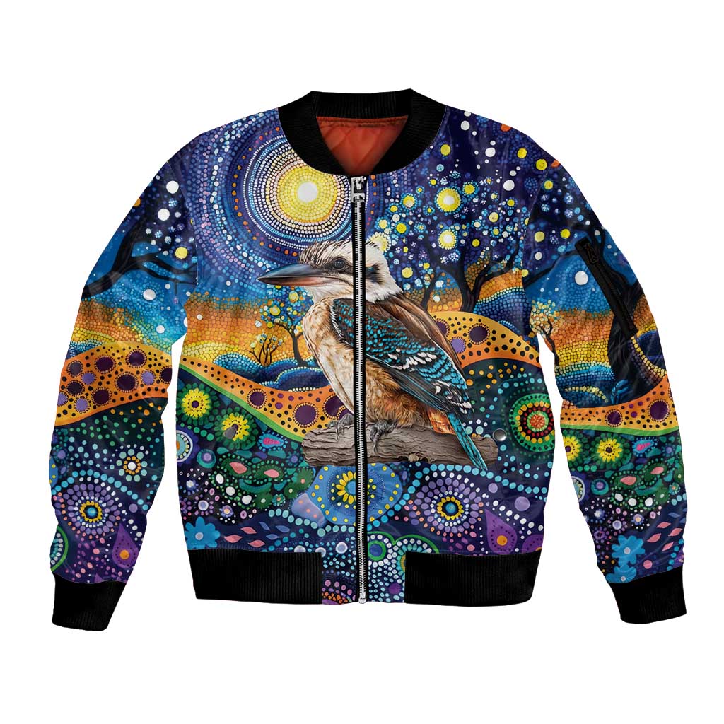 Australian Kookaburra Indigenous Sleeve Zip Bomber Jacket Aboriginal Dot Painting