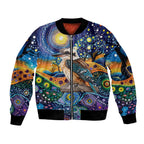 Australian Kookaburra Indigenous Sleeve Zip Bomber Jacket Aboriginal Dot Painting