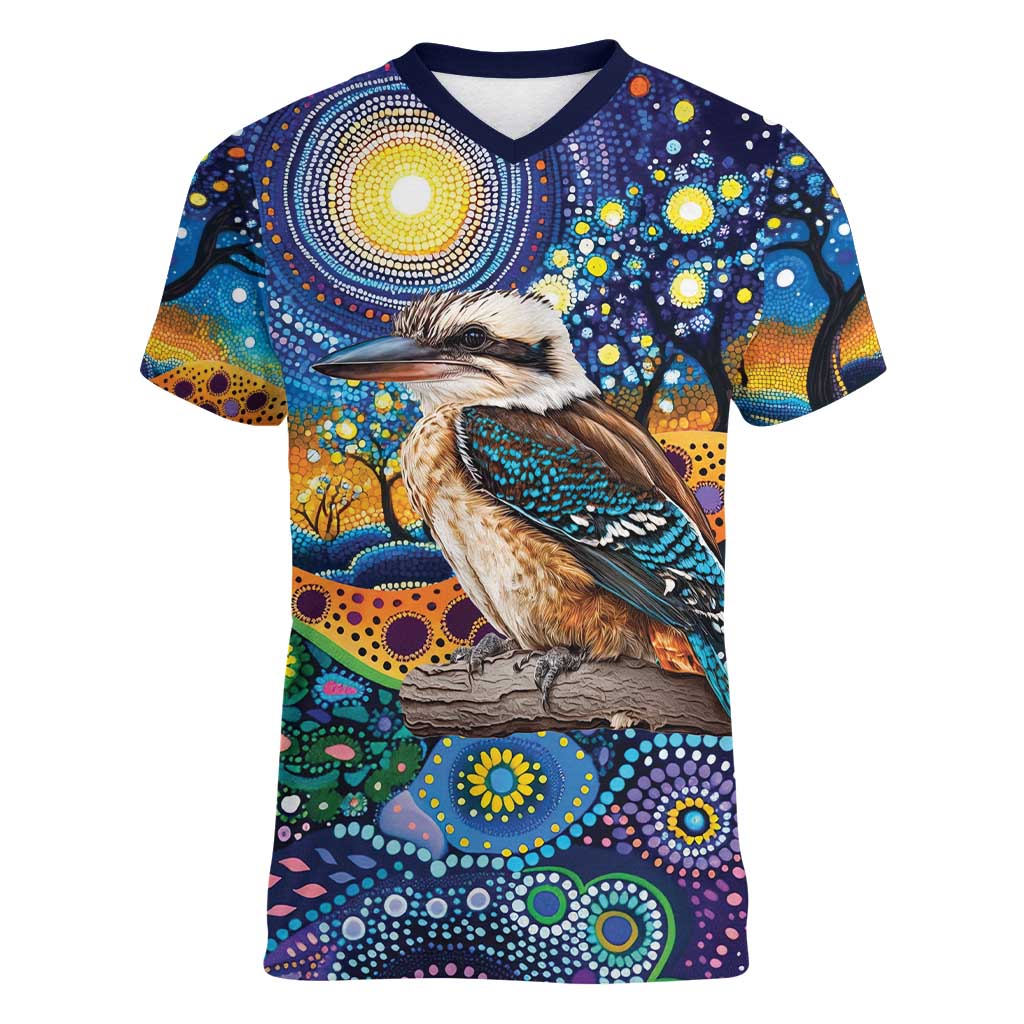 Australian Kookaburra Indigenous Women V-Neck T-Shirt Aboriginal Dot Painting