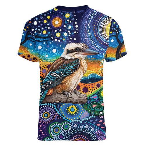 Australian Kookaburra Indigenous Women V-Neck T-Shirt Aboriginal Dot Painting