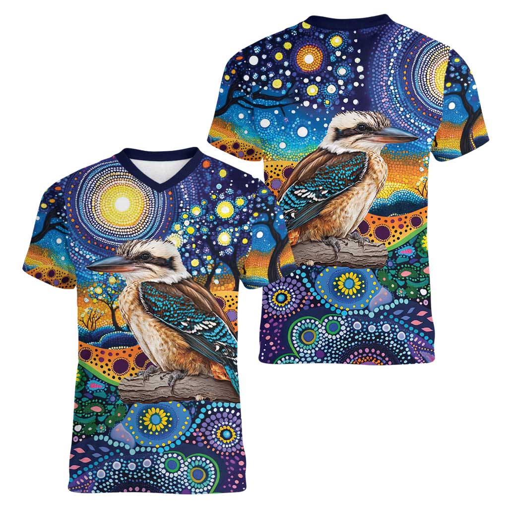 Australian Kookaburra Indigenous Women V-Neck T-Shirt Aboriginal Dot Painting