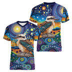 Australian Kookaburra Indigenous Women V-Neck T-Shirt Aboriginal Dot Painting
