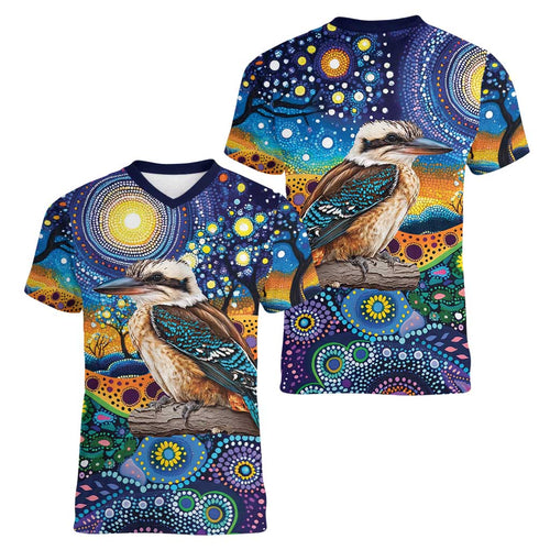 Australian Kookaburra Indigenous Women V-Neck T-Shirt Aboriginal Dot Painting