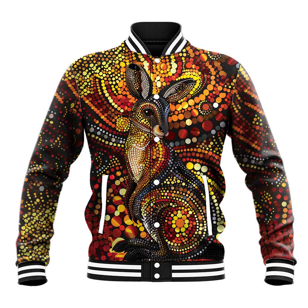 Kangaroo At Night Art Baseball Jacket Aboriginal Dot Painting