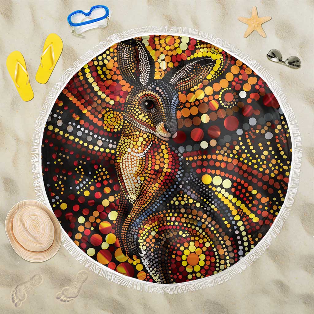 Kangaroo At Night Art Beach Blanket Aboriginal Dot Painting