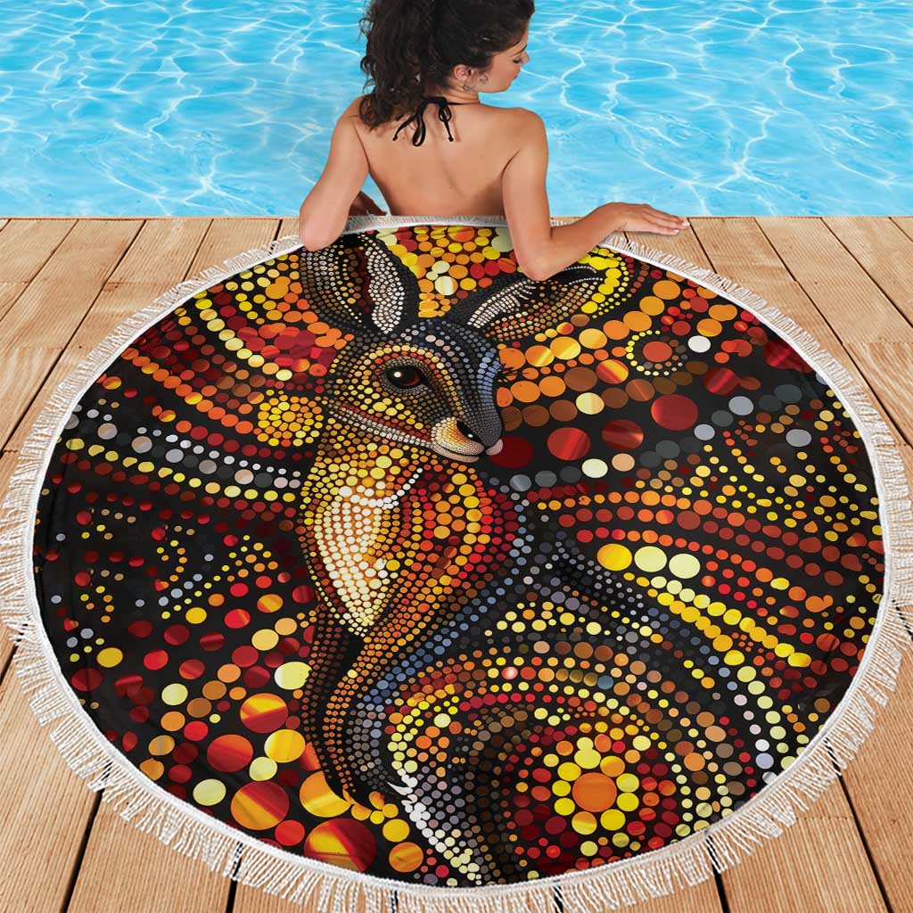 Kangaroo At Night Art Beach Blanket Aboriginal Dot Painting