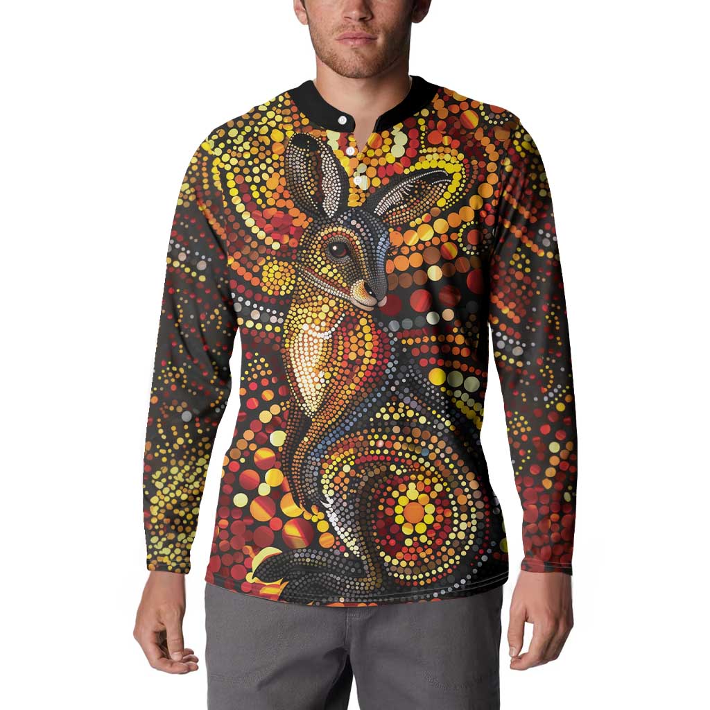 Kangaroo At Night Art Button Sweatshirt Aboriginal Dot Painting