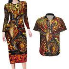 Kangaroo At Night Art Couples Matching Long Sleeve Bodycon Dress and Hawaiian Shirt Aboriginal Dot Painting