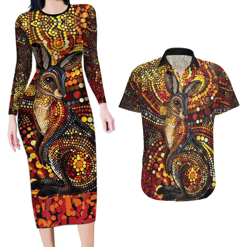 Kangaroo At Night Art Couples Matching Long Sleeve Bodycon Dress and Hawaiian Shirt Aboriginal Dot Painting
