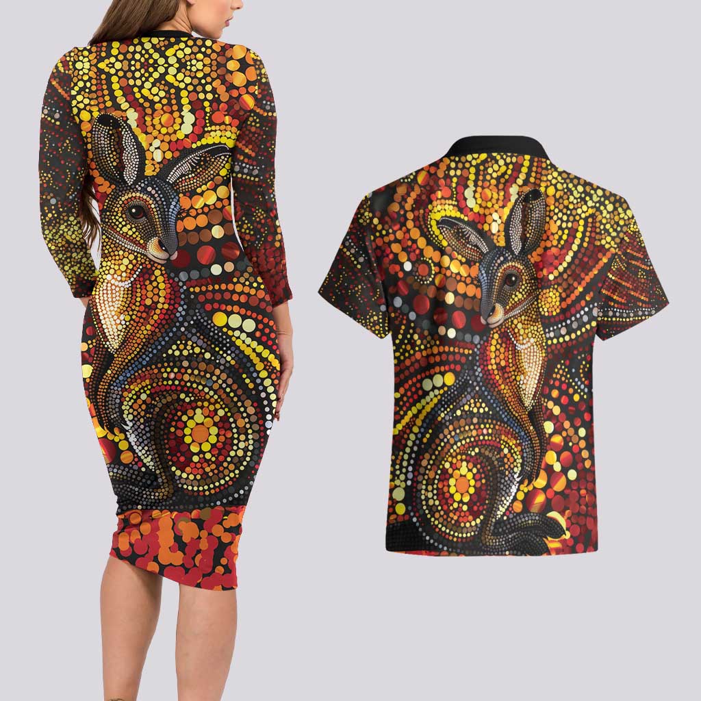 Kangaroo At Night Art Couples Matching Long Sleeve Bodycon Dress and Hawaiian Shirt Aboriginal Dot Painting