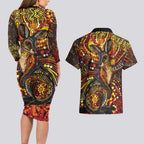 Kangaroo At Night Art Couples Matching Long Sleeve Bodycon Dress and Hawaiian Shirt Aboriginal Dot Painting