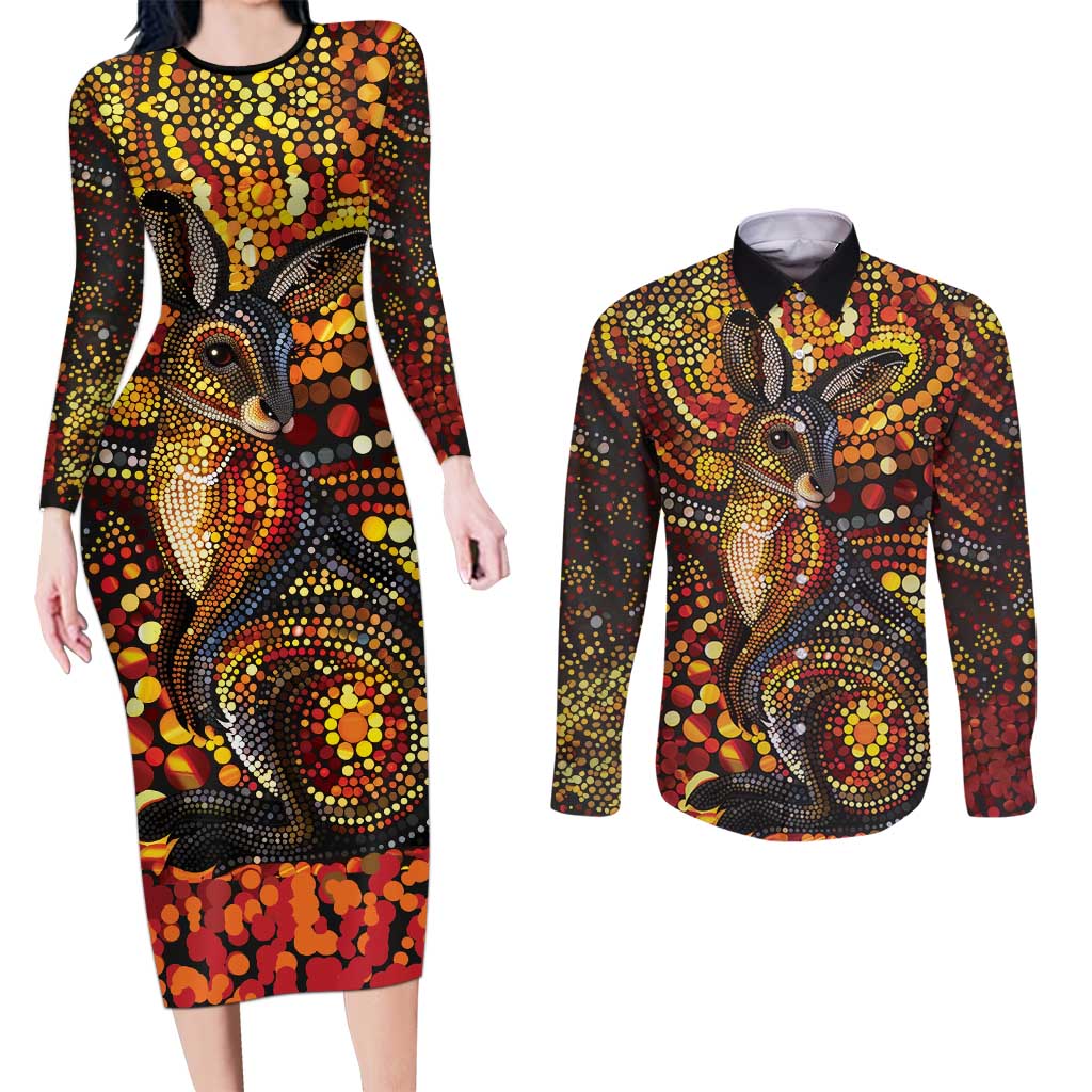 Kangaroo At Night Art Couples Matching Long Sleeve Bodycon Dress and Long Sleeve Button Shirt Aboriginal Dot Painting