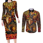 Kangaroo At Night Art Couples Matching Long Sleeve Bodycon Dress and Long Sleeve Button Shirt Aboriginal Dot Painting