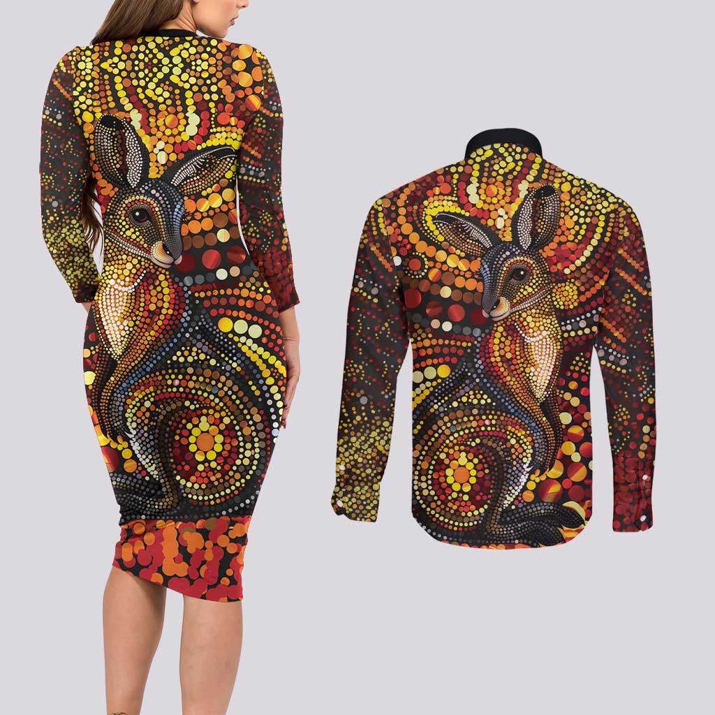 Kangaroo At Night Art Couples Matching Long Sleeve Bodycon Dress and Long Sleeve Button Shirt Aboriginal Dot Painting