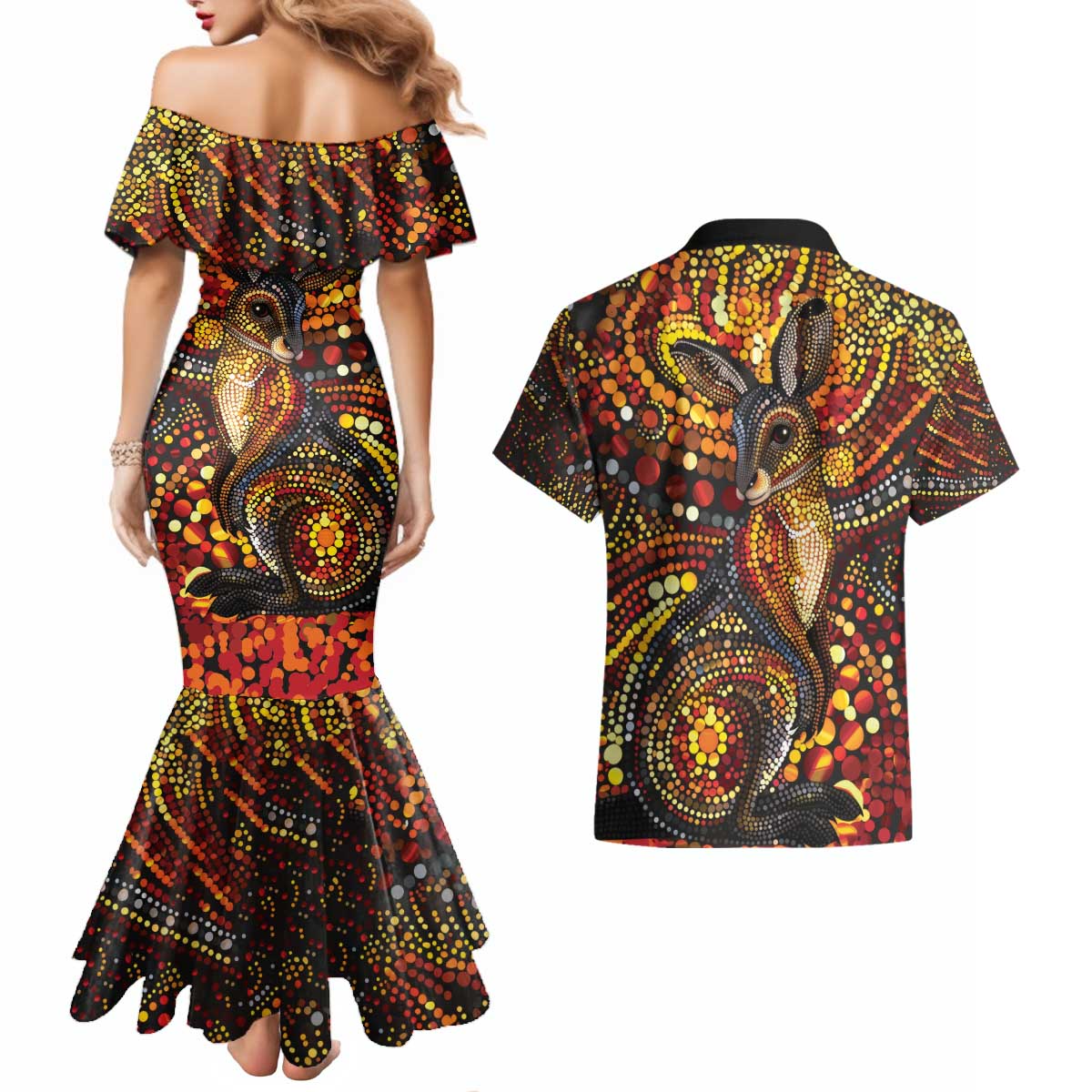 Kangaroo At Night Art Couples Matching Mermaid Dress and Hawaiian Shirt Aboriginal Dot Painting