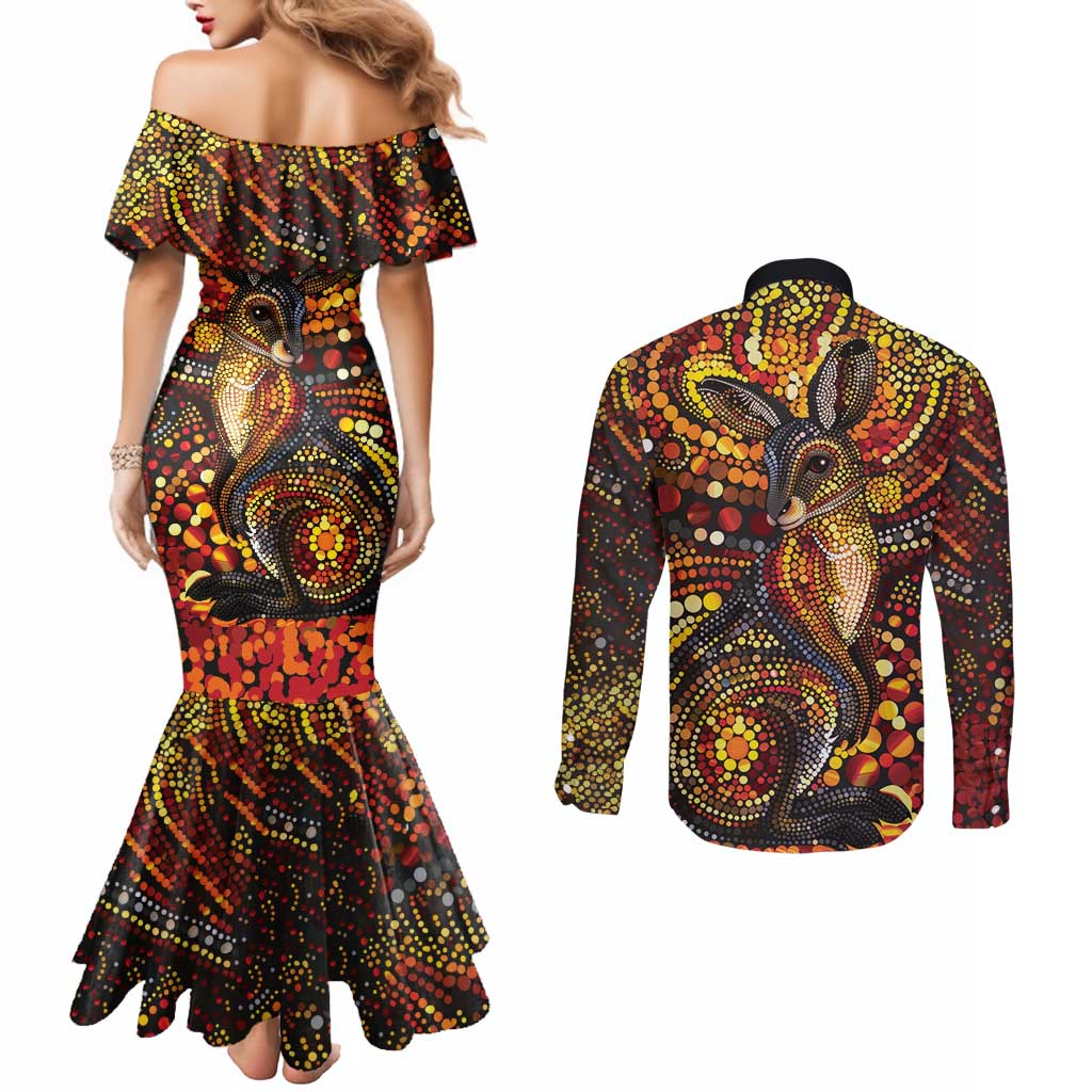 Kangaroo At Night Art Couples Matching Mermaid Dress and Long Sleeve Button Shirt Aboriginal Dot Painting