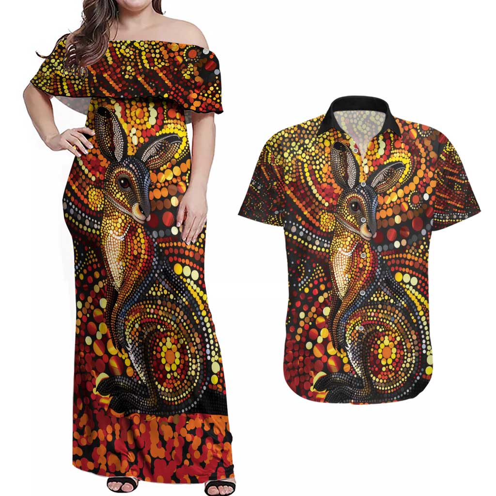 Kangaroo At Night Art Couples Matching Off Shoulder Maxi Dress and Hawaiian Shirt Aboriginal Dot Painting