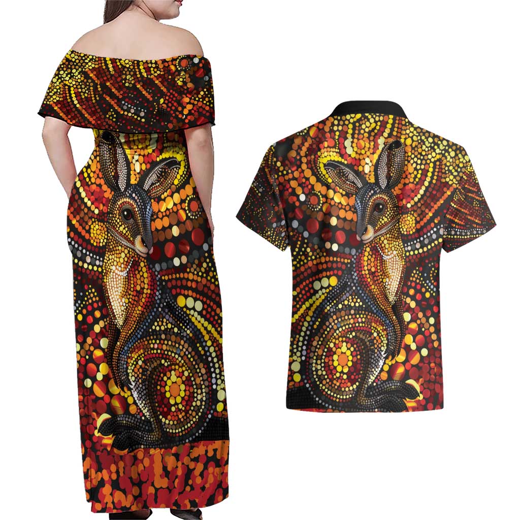 Kangaroo At Night Art Couples Matching Off Shoulder Maxi Dress and Hawaiian Shirt Aboriginal Dot Painting