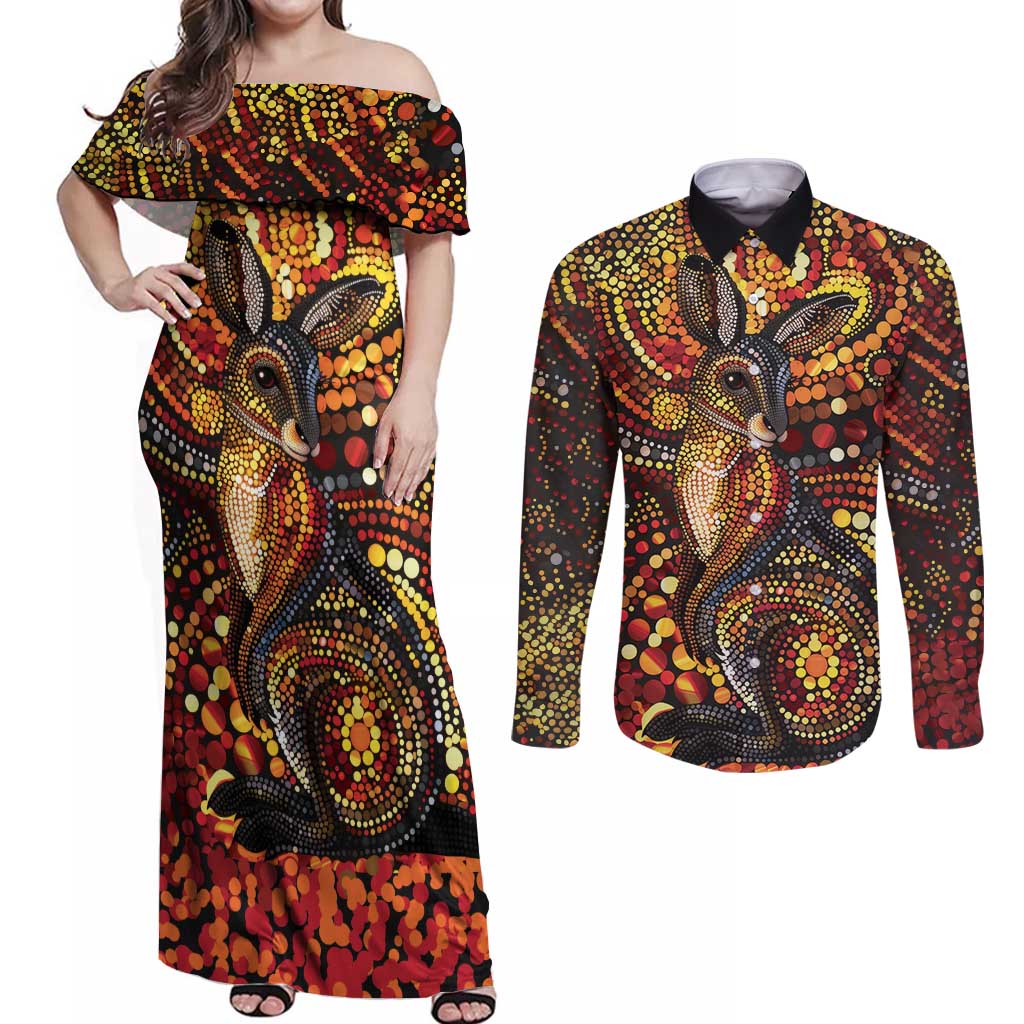 Kangaroo At Night Art Couples Matching Off Shoulder Maxi Dress and Long Sleeve Button Shirt Aboriginal Dot Painting