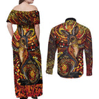 Kangaroo At Night Art Couples Matching Off Shoulder Maxi Dress and Long Sleeve Button Shirt Aboriginal Dot Painting