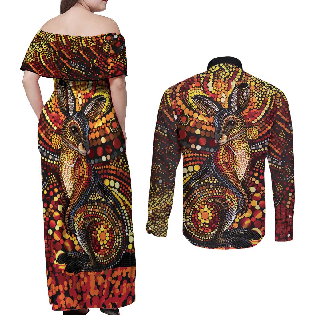 Kangaroo At Night Art Couples Matching Off Shoulder Maxi Dress and Long Sleeve Button Shirt Aboriginal Dot Painting