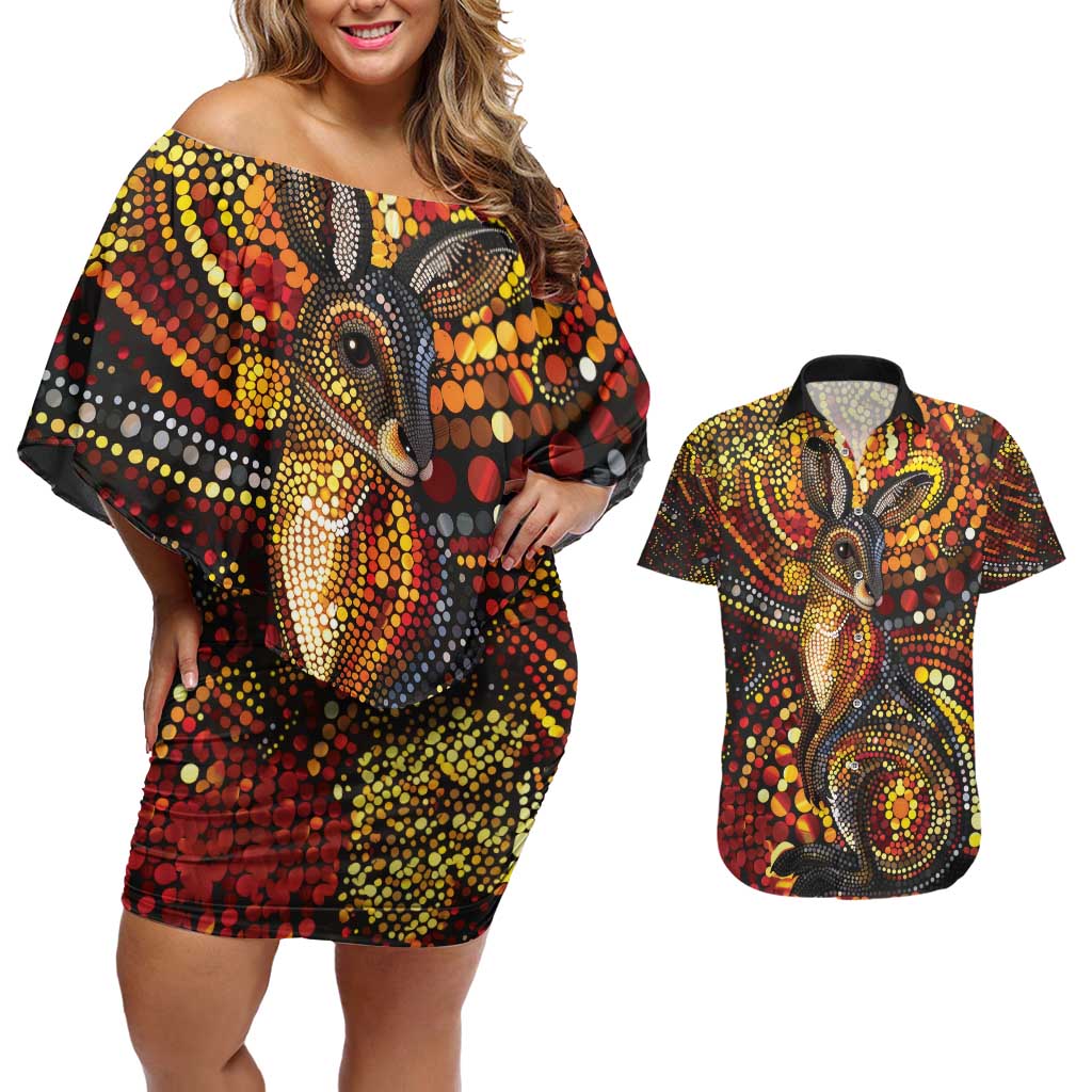 Kangaroo At Night Art Couples Matching Off Shoulder Short Dress and Hawaiian Shirt Aboriginal Dot Painting