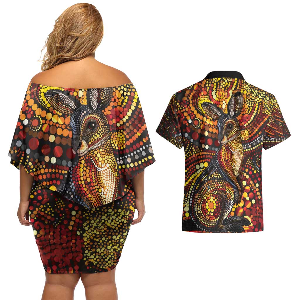 Kangaroo At Night Art Couples Matching Off Shoulder Short Dress and Hawaiian Shirt Aboriginal Dot Painting