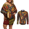 Kangaroo At Night Art Couples Matching Off Shoulder Short Dress and Long Sleeve Button Shirt Aboriginal Dot Painting
