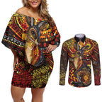 Kangaroo At Night Art Couples Matching Off Shoulder Short Dress and Long Sleeve Button Shirt Aboriginal Dot Painting