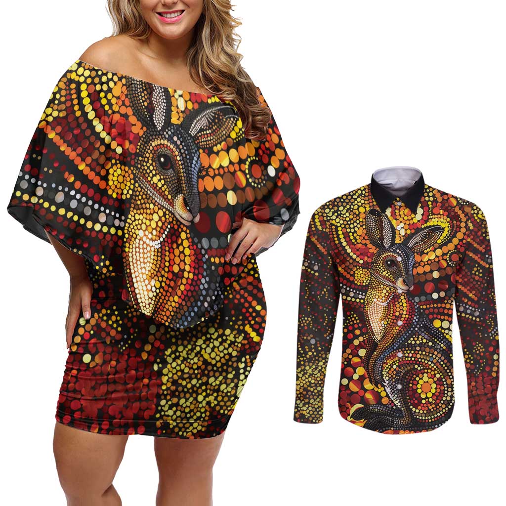 Kangaroo At Night Art Couples Matching Off Shoulder Short Dress and Long Sleeve Button Shirt Aboriginal Dot Painting