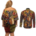 Kangaroo At Night Art Couples Matching Off Shoulder Short Dress and Long Sleeve Button Shirt Aboriginal Dot Painting