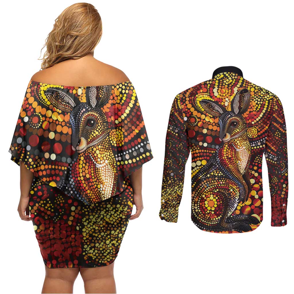 Kangaroo At Night Art Couples Matching Off Shoulder Short Dress and Long Sleeve Button Shirt Aboriginal Dot Painting
