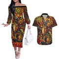 Kangaroo At Night Art Couples Matching Off The Shoulder Long Sleeve Dress and Hawaiian Shirt Aboriginal Dot Painting