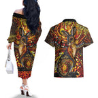 Kangaroo At Night Art Couples Matching Off The Shoulder Long Sleeve Dress and Hawaiian Shirt Aboriginal Dot Painting