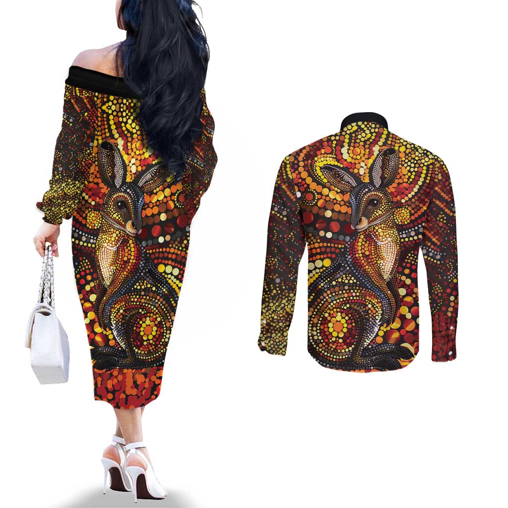 Kangaroo At Night Art Couples Matching Off The Shoulder Long Sleeve Dress and Long Sleeve Button Shirt Aboriginal Dot Painting