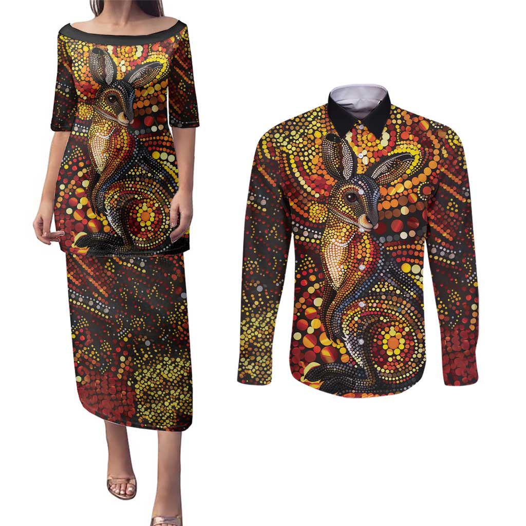 Kangaroo At Night Art Couples Matching Puletasi and Long Sleeve Button Shirt Aboriginal Dot Painting