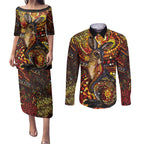 Kangaroo At Night Art Couples Matching Puletasi and Long Sleeve Button Shirt Aboriginal Dot Painting